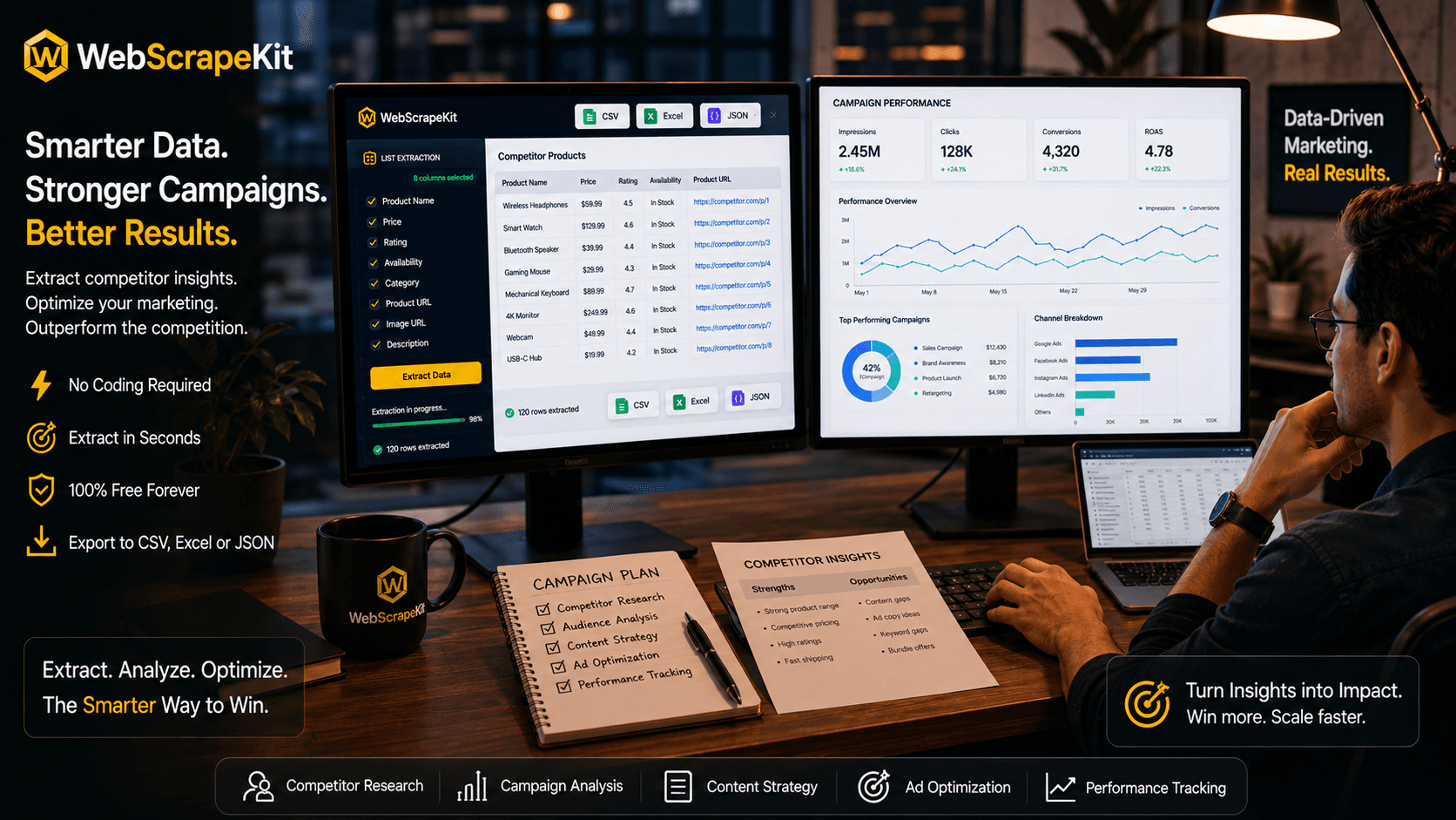 Marketer using WebScrapeKit to gather competitor data for campaign optimization