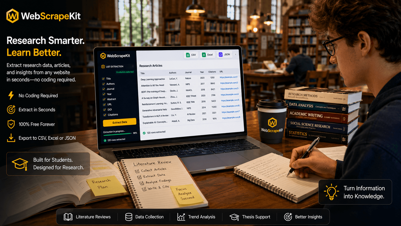 Student researcher using WebScrapeKit to collect data for academic thesis project