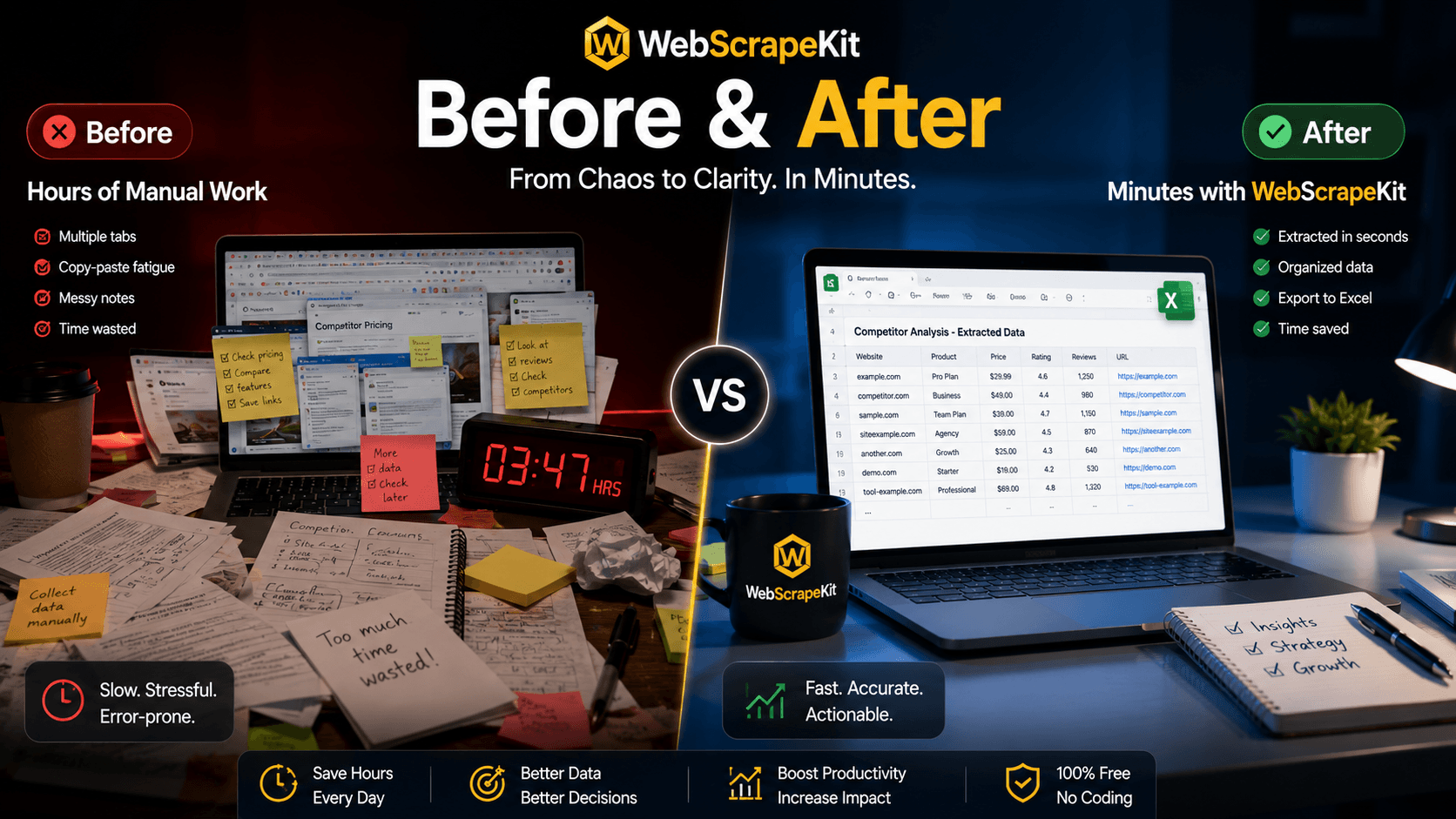 Before and after WebScrapeKit comparison showing messy notes vs organized Excel spreadsheet