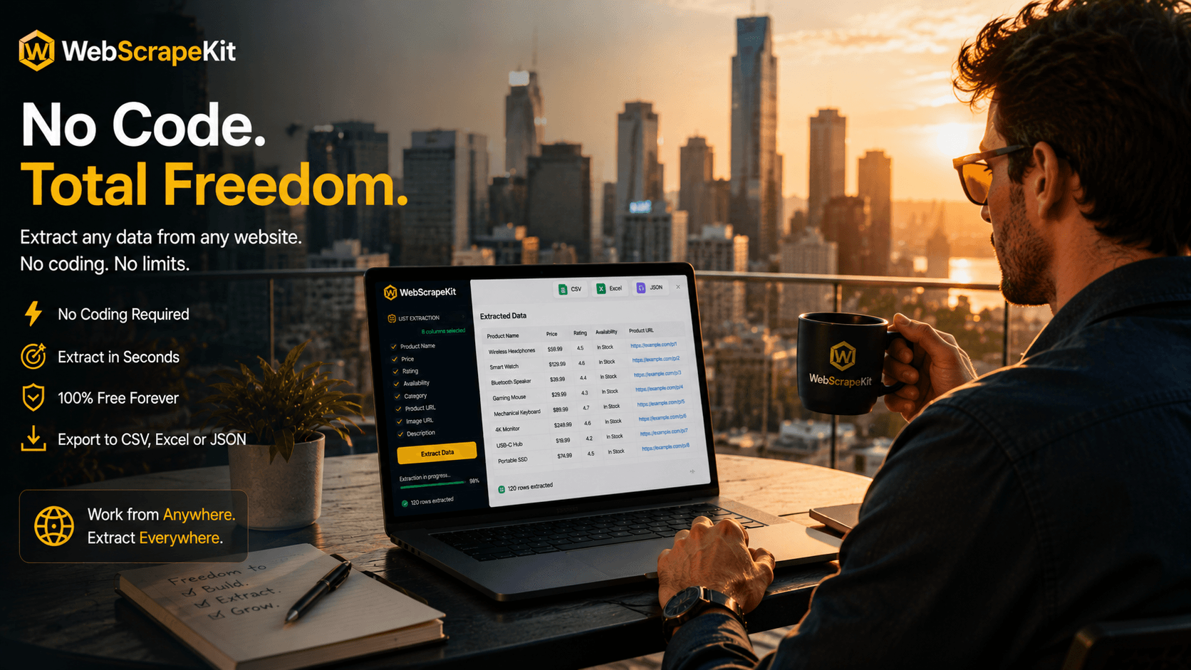 Professional using WebScrapeKit on laptop with city skyline view working smarter with no-code data extraction