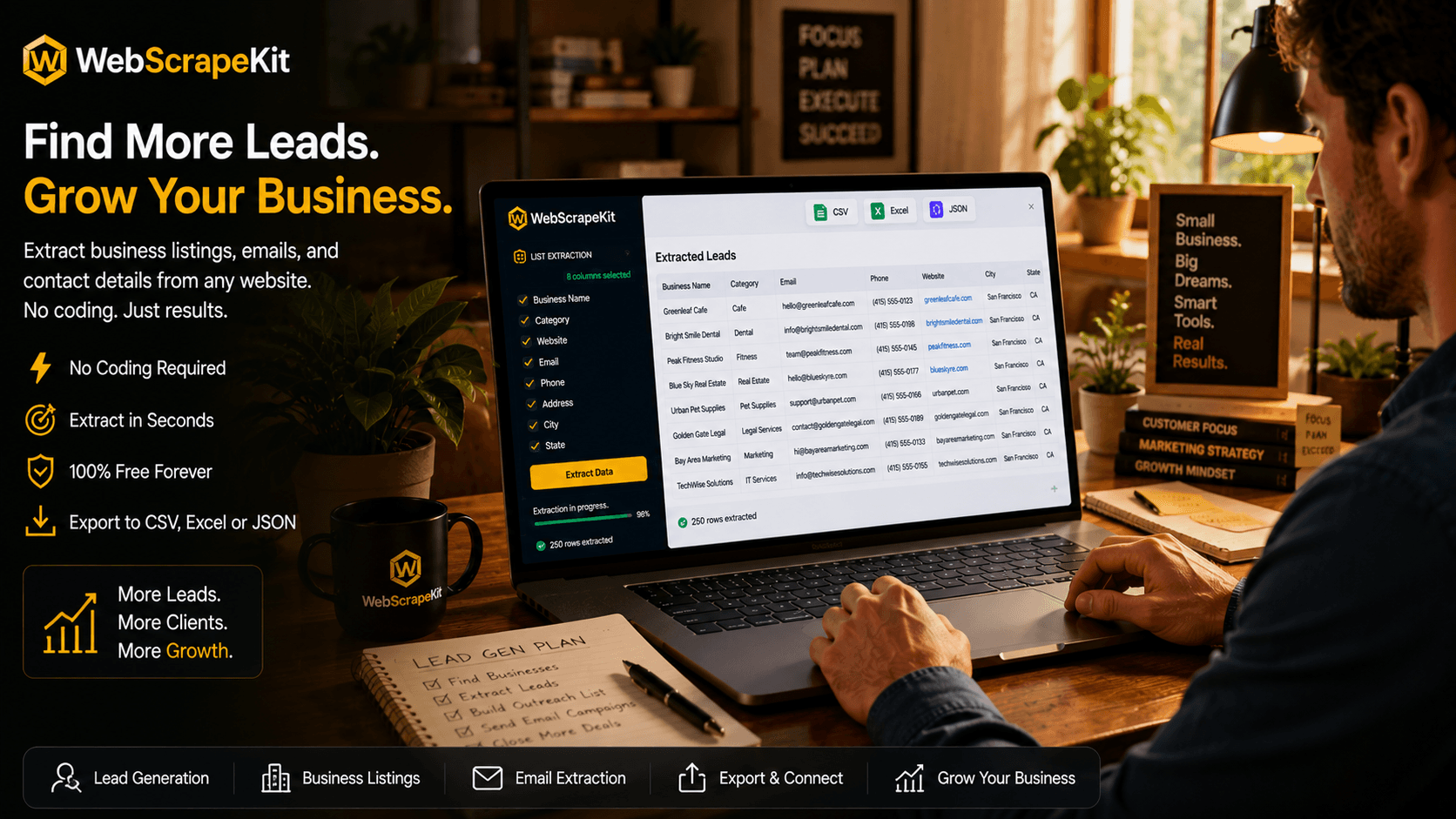 Small business owner using WebScrapeKit to generate leads from home office