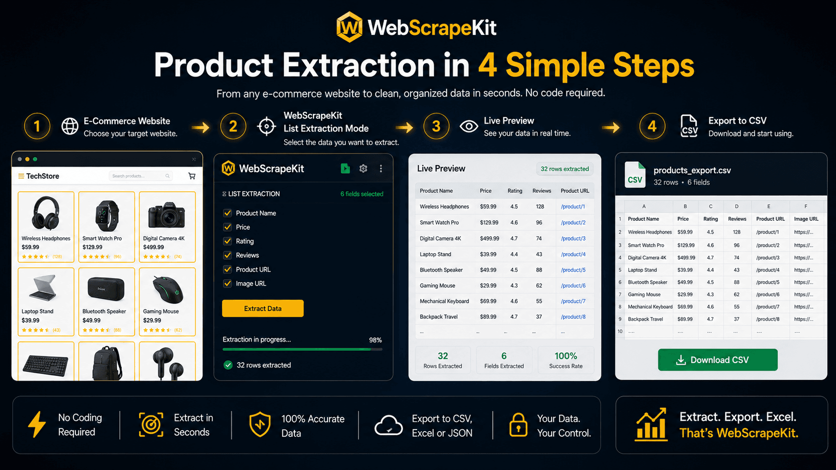 WebScrapeKit demo extracting product names and prices to CSV spreadsheet