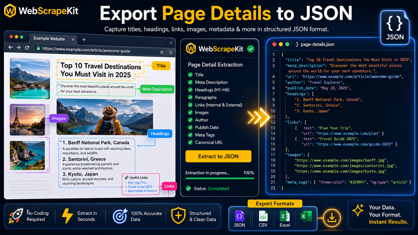 WebScrapeKit extracting page details and exporting to JSON format