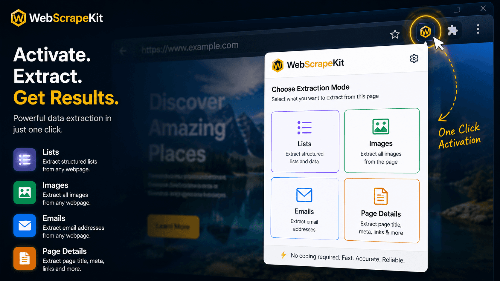 WebScrapeKit Chrome extension activation panel showing data type selection options