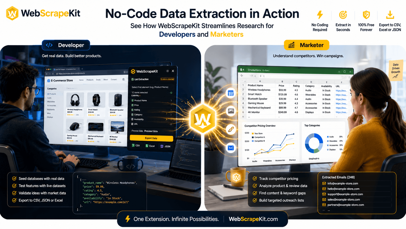 Developer and marketer using WebScrapeKit for no-code data extraction