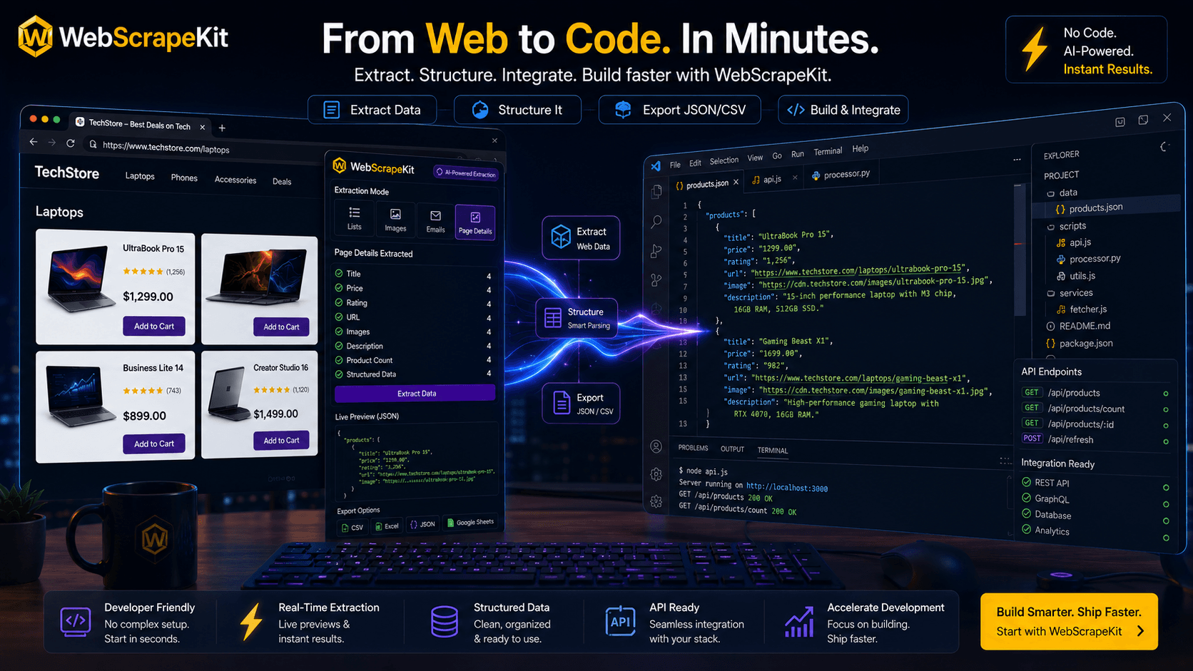 Developer using WebScrapeKit for rapid prototyping with data flowing from browser to code editor