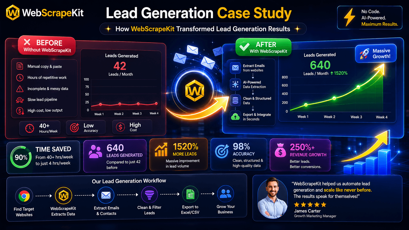 Case study showing small business lead generation improvement using WebScrapeKit email extraction