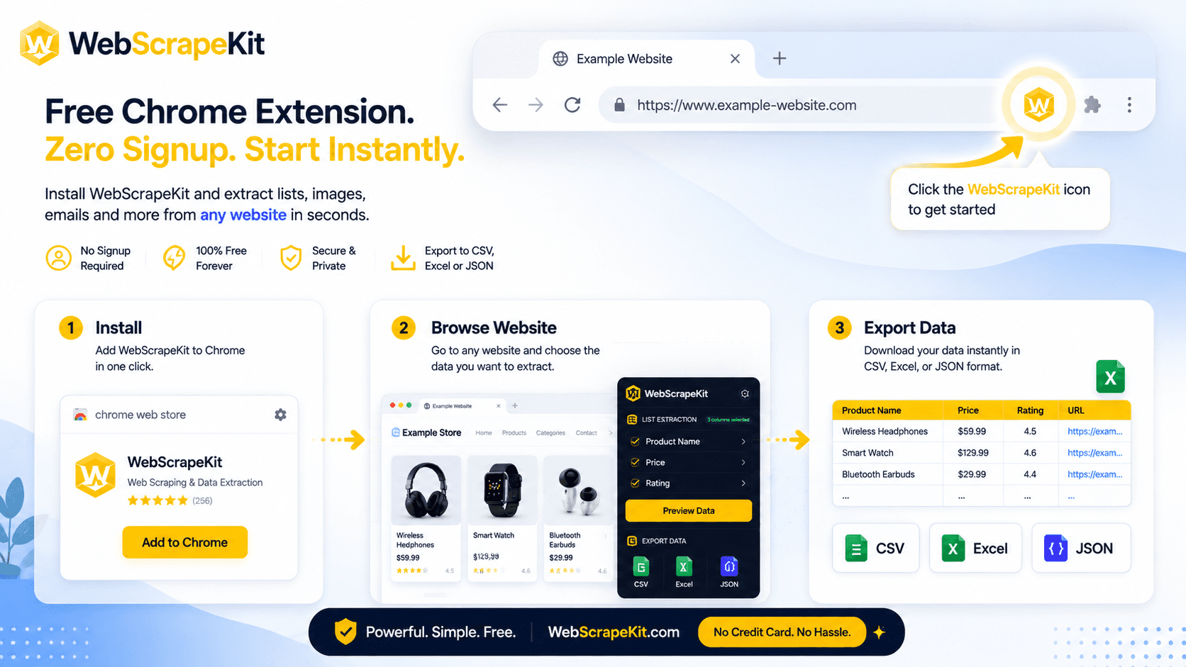 WebScrapeKit free Chrome extension installation with no signup required