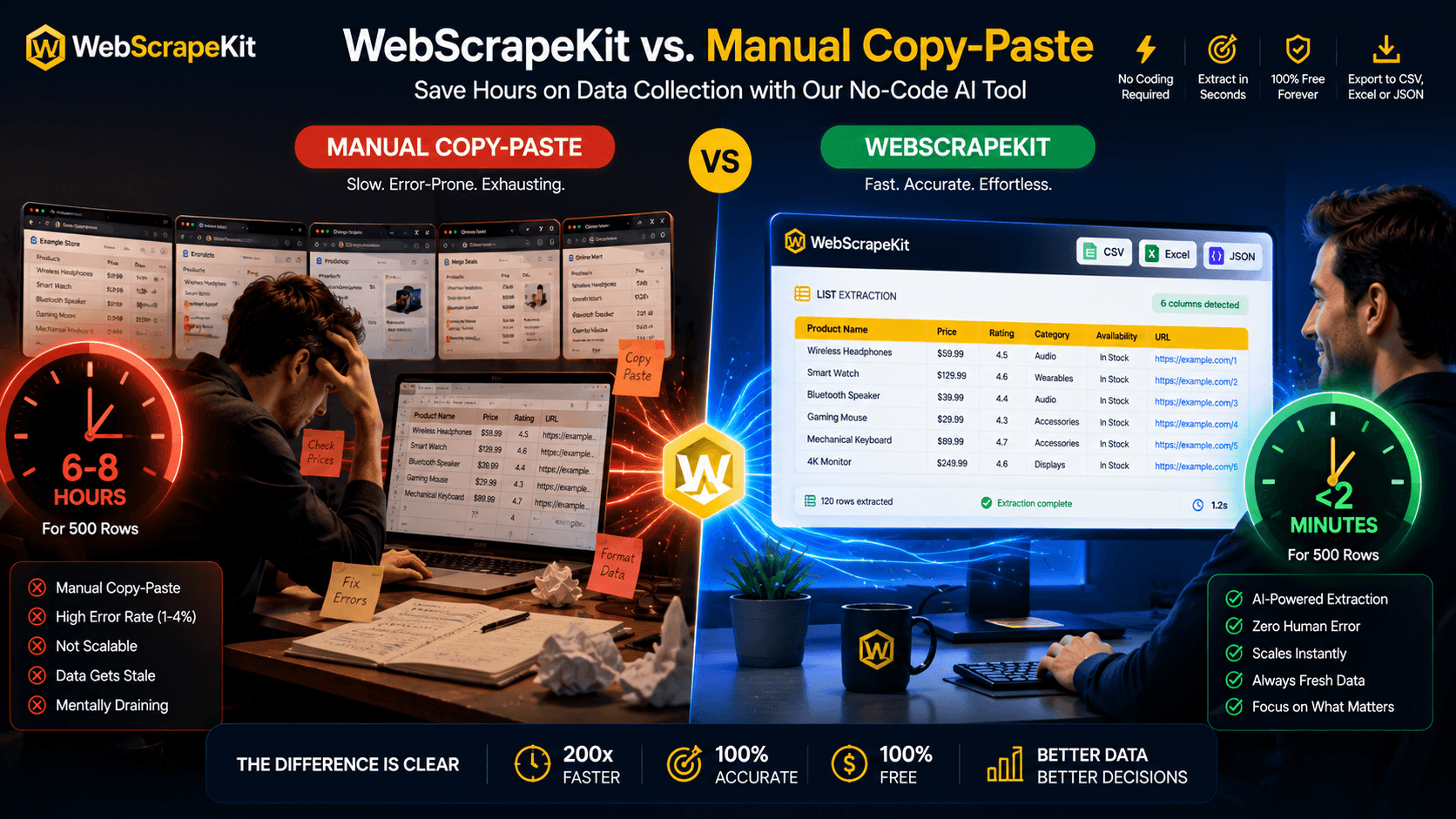Manual copy paste vs WebScrapeKit automated data extraction comparison