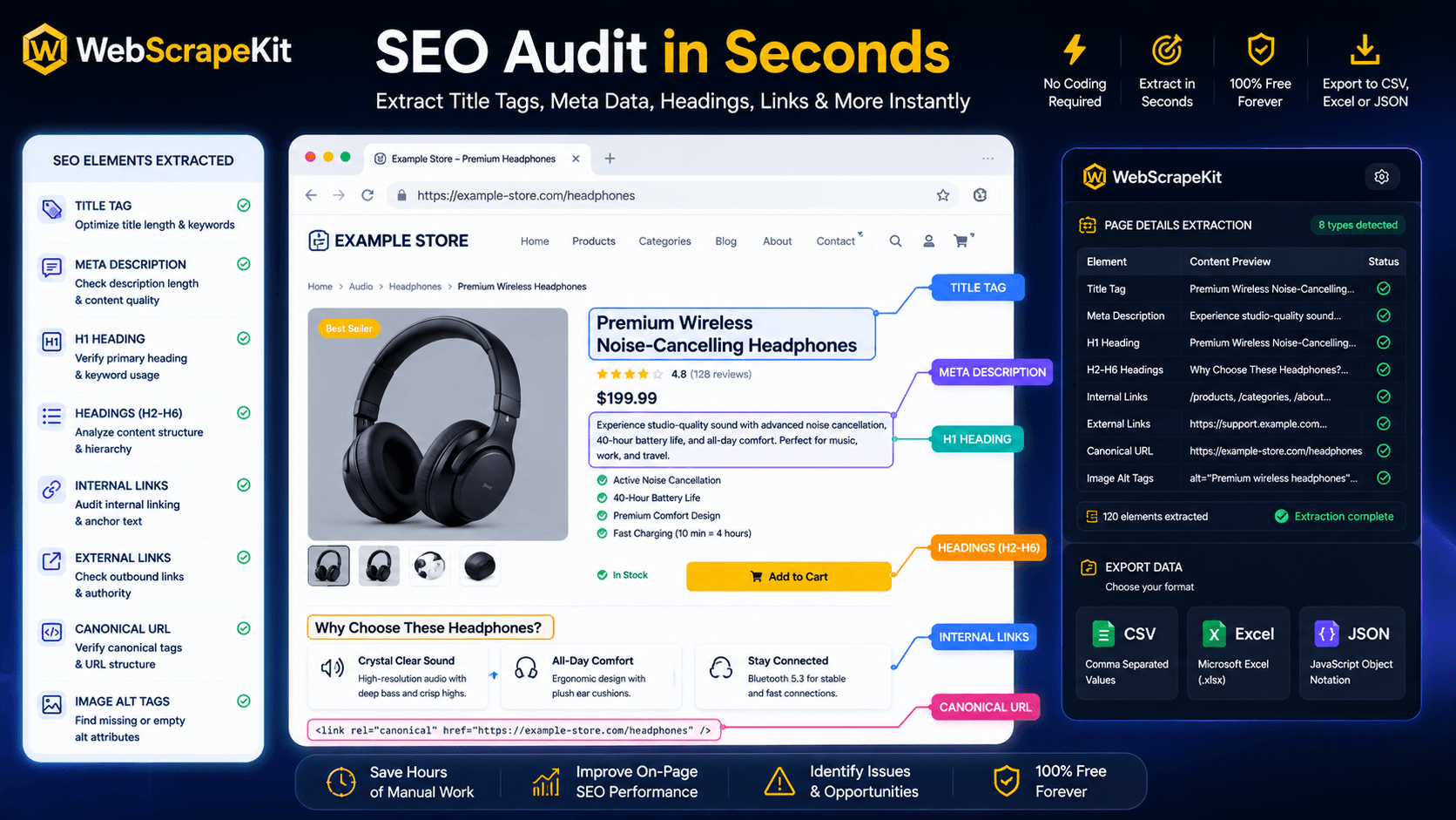 WebScrapeKit extracting page details for SEO audit including title meta description and headings