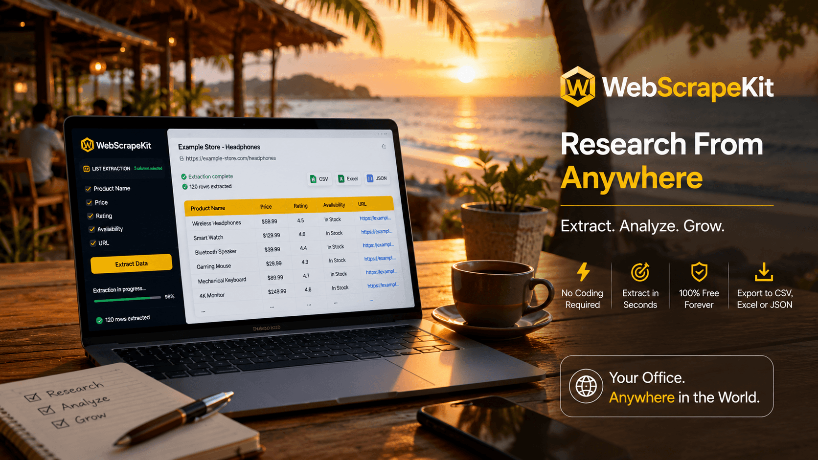 Digital nomad using WebScrapeKit for market research from a beachfront cafe