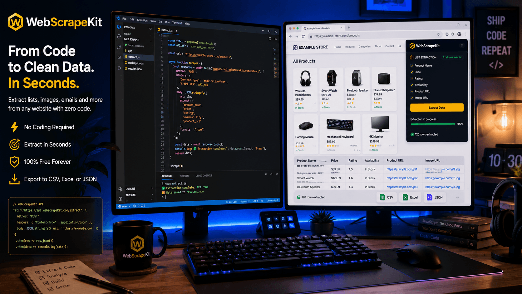 Developer desk setup with WebScrapeKit extracting data for a coding project